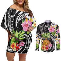 Hau'oli Makahiki Hou Couples Matching Off Shoulder Short Dress and Long Sleeve Button Shirt Aloha Pineapple Tropical Vibe LT9 Black - Polynesian Pride