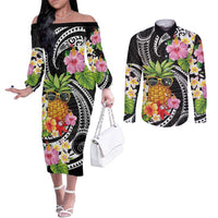 Hau'oli Makahiki Hou Couples Matching Off The Shoulder Long Sleeve Dress and Long Sleeve Button Shirt Aloha Pineapple Tropical Vibe LT9 Black - Polynesian Pride