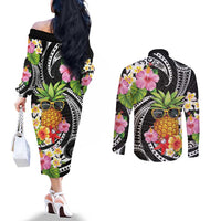 Hau'oli Makahiki Hou Couples Matching Off The Shoulder Long Sleeve Dress and Long Sleeve Button Shirt Aloha Pineapple Tropical Vibe LT9 - Polynesian Pride