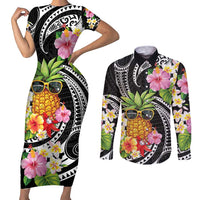 Hau'oli Makahiki Hou Couples Matching Short Sleeve Bodycon Dress and Long Sleeve Button Shirt Aloha Pineapple Tropical Vibe LT9 Black - Polynesian Pride