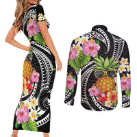 Hau'oli Makahiki Hou Couples Matching Short Sleeve Bodycon Dress and Long Sleeve Button Shirt Aloha Pineapple Tropical Vibe LT9 - Polynesian Pride