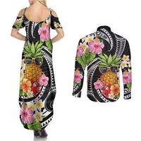 Hau'oli Makahiki Hou Couples Matching Summer Maxi Dress and Long Sleeve Button Shirt Aloha Pineapple Tropical Vibe LT9 - Polynesian Pride
