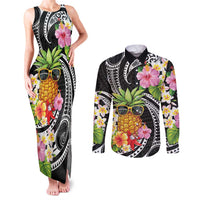 Hau'oli Makahiki Hou Couples Matching Tank Maxi Dress and Long Sleeve Button Shirt Aloha Pineapple Tropical Vibe LT9 Black - Polynesian Pride