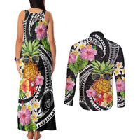 Hau'oli Makahiki Hou Couples Matching Tank Maxi Dress and Long Sleeve Button Shirt Aloha Pineapple Tropical Vibe LT9 - Polynesian Pride