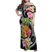 Hau'oli Makahiki Hou Family Matching Off Shoulder Maxi Dress and Hawaiian Shirt Aloha Pineapple Tropical Vibe LT9 Mom's Dress Black - Polynesian Pride