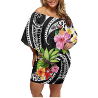 Hau'oli Makahiki Hou Family Matching Off Shoulder Short Dress and Hawaiian Shirt Aloha Pineapple Tropical Vibe LT9 Mom's Dress Black - Polynesian Pride