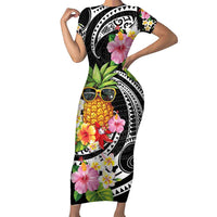 Hau'oli Makahiki Hou Family Matching Short Sleeve Bodycon Dress and Hawaiian Shirt Aloha Pineapple Tropical Vibe LT9 Mom's Dress Black - Polynesian Pride