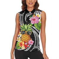 Hau'oli Makahiki Hou Women Sleeveless Polo Shirt Aloha Pineapple Tropical Vibe LT9 - Polynesian Pride