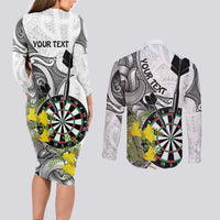 Personalised New Zealand Darts Couples Matching Long Sleeve Bodycon Dress and Long Sleeve Button Shirt Kowhai Floral with Maori Tattoo LT9 - Polynesian Pride