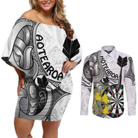 Personalised New Zealand Darts Couples Matching Off Shoulder Short Dress and Long Sleeve Button Shirt Kowhai Floral with Maori Tattoo LT9 Black - Polynesian Pride