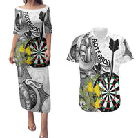 Personalised New Zealand Darts Couples Matching Puletasi and Hawaiian Shirt Kowhai Floral with Maori Tattoo LT9 Black - Polynesian Pride