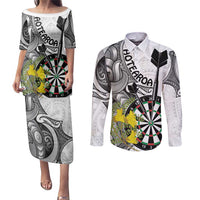Personalised New Zealand Darts Couples Matching Puletasi and Long Sleeve Button Shirt Kowhai Floral with Maori Tattoo LT9 Black - Polynesian Pride
