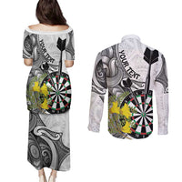 Personalised New Zealand Darts Couples Matching Puletasi and Long Sleeve Button Shirt Kowhai Floral with Maori Tattoo LT9 - Polynesian Pride