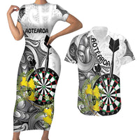 Personalised New Zealand Darts Couples Matching Short Sleeve Bodycon Dress and Hawaiian Shirt Kowhai Floral with Maori Tattoo LT9 Black - Polynesian Pride