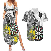 Personalised New Zealand Darts Couples Matching Summer Maxi Dress and Hawaiian Shirt Kowhai Floral with Maori Tattoo LT9 Black - Polynesian Pride