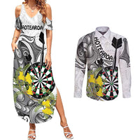Personalised New Zealand Darts Couples Matching Summer Maxi Dress and Long Sleeve Button Shirt Kowhai Floral with Maori Tattoo LT9 Black - Polynesian Pride