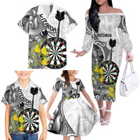 Personalised New Zealand Darts Family Matching Off The Shoulder Long Sleeve Dress and Hawaiian Shirt Kowhai Floral with Maori Tattoo LT9 - Polynesian Pride