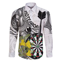 Personalised New Zealand Darts Family Matching Off The Shoulder Long Sleeve Dress and Hawaiian Shirt Kowhai Floral with Maori Tattoo LT9 Dad's Shirt - Long Sleeve Black - Polynesian Pride