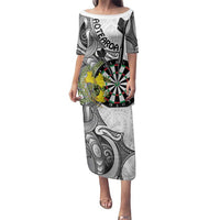 Personalised New Zealand Darts Family Matching Puletasi and Hawaiian Shirt Kowhai Floral with Maori Tattoo LT9 Mom's Dress Black - Polynesian Pride