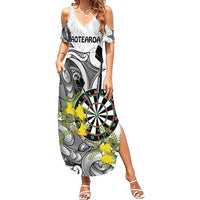 Personalised New Zealand Darts Family Matching Summer Maxi Dress and Hawaiian Shirt Kowhai Floral with Maori Tattoo LT9 Mom's Dress Black - Polynesian Pride