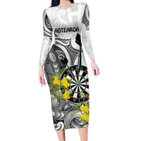 Personalised New Zealand Darts Long Sleeve Bodycon Dress Kowhai Floral with Maori Tattoo LT9 Long Dress Black - Polynesian Pride
