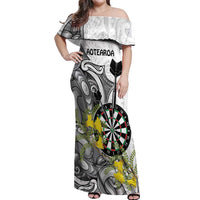 Personalised New Zealand Darts Off Shoulder Maxi Dress Kowhai Floral with Maori Tattoo LT9 Women Black - Polynesian Pride