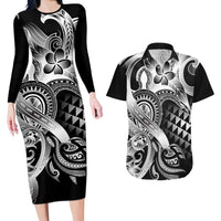 Aloha Black Tribal Honu Tattoo Couples Matching Long Sleeve Bodycon Dress and Hawaiian Shirt LT9 Black - Polynesian Pride
