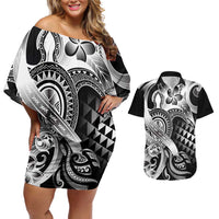 Aloha Black Tribal Honu Tattoo Couples Matching Off Shoulder Short Dress and Hawaiian Shirt LT9 Black - Polynesian Pride