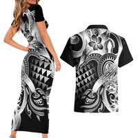 Aloha Black Tribal Honu Tattoo Couples Matching Short Sleeve Bodycon Dress and Hawaiian Shirt LT9 - Polynesian Pride