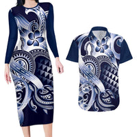 Aloha Blue Tribal Honu Tattoo Couples Matching Long Sleeve Bodycon Dress and Hawaiian Shirt LT9 Blue - Polynesian Pride