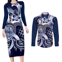 Aloha Blue Tribal Honu Tattoo Couples Matching Long Sleeve Bodycon Dress and Long Sleeve Button Shirt LT9 Blue - Polynesian Pride