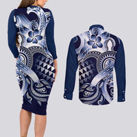 Aloha Blue Tribal Honu Tattoo Couples Matching Long Sleeve Bodycon Dress and Long Sleeve Button Shirt LT9 - Polynesian Pride