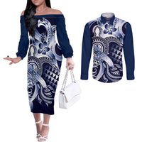 Aloha Blue Tribal Honu Tattoo Couples Matching Off The Shoulder Long Sleeve Dress and Long Sleeve Button Shirt LT9 Blue - Polynesian Pride