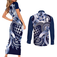 Aloha Blue Tribal Honu Tattoo Couples Matching Short Sleeve Bodycon Dress and Long Sleeve Button Shirt LT9 - Polynesian Pride