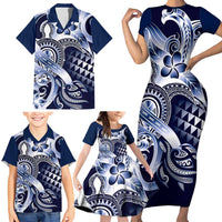 Aloha Blue Tribal Honu Tattoo Family Matching Short Sleeve Bodycon Dress and Hawaiian Shirt LT9 - Polynesian Pride