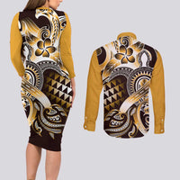 Aloha Gold Tribal Honu Tattoo Couples Matching Long Sleeve Bodycon Dress and Long Sleeve Button Shirt LT9 - Polynesian Pride