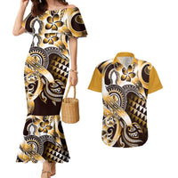 Aloha Gold Tribal Honu Tattoo Couples Matching Mermaid Dress and Hawaiian Shirt LT9 Gold - Polynesian Pride