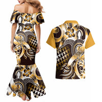 Aloha Gold Tribal Honu Tattoo Couples Matching Mermaid Dress and Hawaiian Shirt LT9 - Polynesian Pride