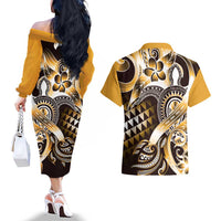 Aloha Gold Tribal Honu Tattoo Couples Matching Off The Shoulder Long Sleeve Dress and Hawaiian Shirt LT9 - Polynesian Pride