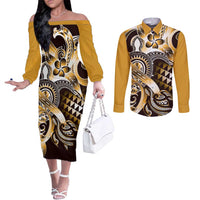 Aloha Gold Tribal Honu Tattoo Couples Matching Off The Shoulder Long Sleeve Dress and Long Sleeve Button Shirt LT9 Gold - Polynesian Pride
