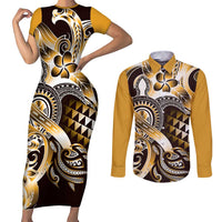 Aloha Gold Tribal Honu Tattoo Couples Matching Short Sleeve Bodycon Dress and Long Sleeve Button Shirt LT9 Gold - Polynesian Pride