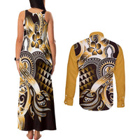 Aloha Gold Tribal Honu Tattoo Couples Matching Tank Maxi Dress and Long Sleeve Button Shirt LT9 - Polynesian Pride