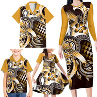 Aloha Gold Tribal Honu Tattoo Family Matching Long Sleeve Bodycon Dress and Hawaiian Shirt LT9 - Polynesian Pride