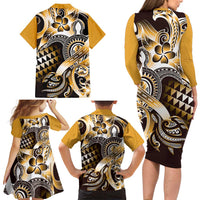 Aloha Gold Tribal Honu Tattoo Family Matching Long Sleeve Bodycon Dress and Hawaiian Shirt LT9 - Polynesian Pride