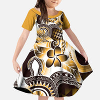 Aloha Gold Tribal Honu Tattoo Family Matching Off The Shoulder Long Sleeve Dress and Hawaiian Shirt LT9 Daughter's Dress Gold - Polynesian Pride