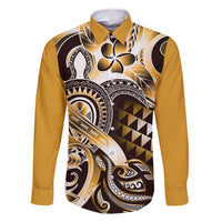 Aloha Gold Tribal Honu Tattoo Family Matching Off Shoulder Maxi Dress and Hawaiian Shirt LT9 Dad's Shirt - Long Sleeve Gold - Polynesian Pride