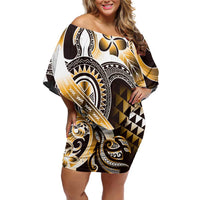 Aloha Gold Tribal Honu Tattoo Family Matching Off Shoulder Short Dress and Hawaiian Shirt LT9 Mom's Dress Gold - Polynesian Pride