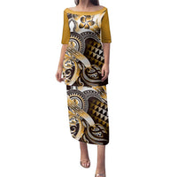 Aloha Gold Tribal Honu Tattoo Family Matching Puletasi and Hawaiian Shirt LT9 Mom's Dress Gold - Polynesian Pride