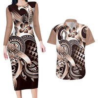 Aloha Mocha Mousse Tribal Honu Tattoo Couples Matching Long Sleeve Bodycon Dress and Hawaiian Shirt LT9 Mocha Mousse - Polynesian Pride