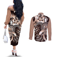 Aloha Mocha Mousse Tribal Honu Tattoo Couples Matching Off The Shoulder Long Sleeve Dress and Long Sleeve Button Shirt LT9 - Polynesian Pride